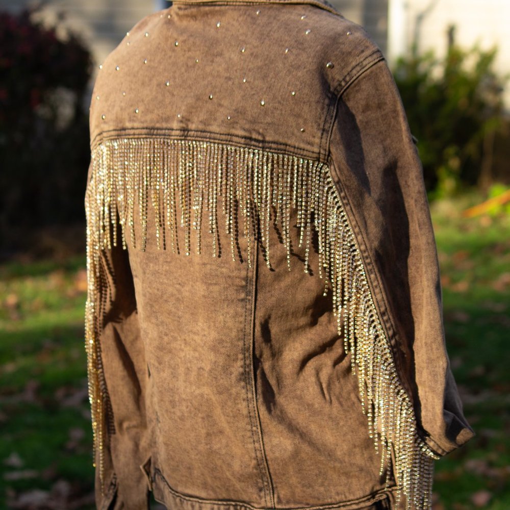 UPCYCLED Denim Rhinestone Fringe Jacket - Picture 8 of 10